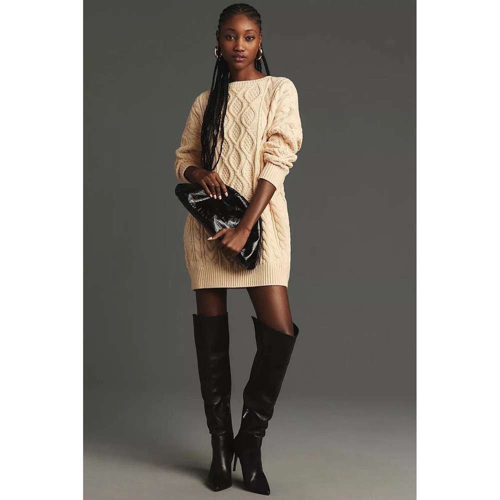 Anthropologie Mare Mare Cable Knit Sweater‎ Dress Vanilla Beige Size S Fisherman